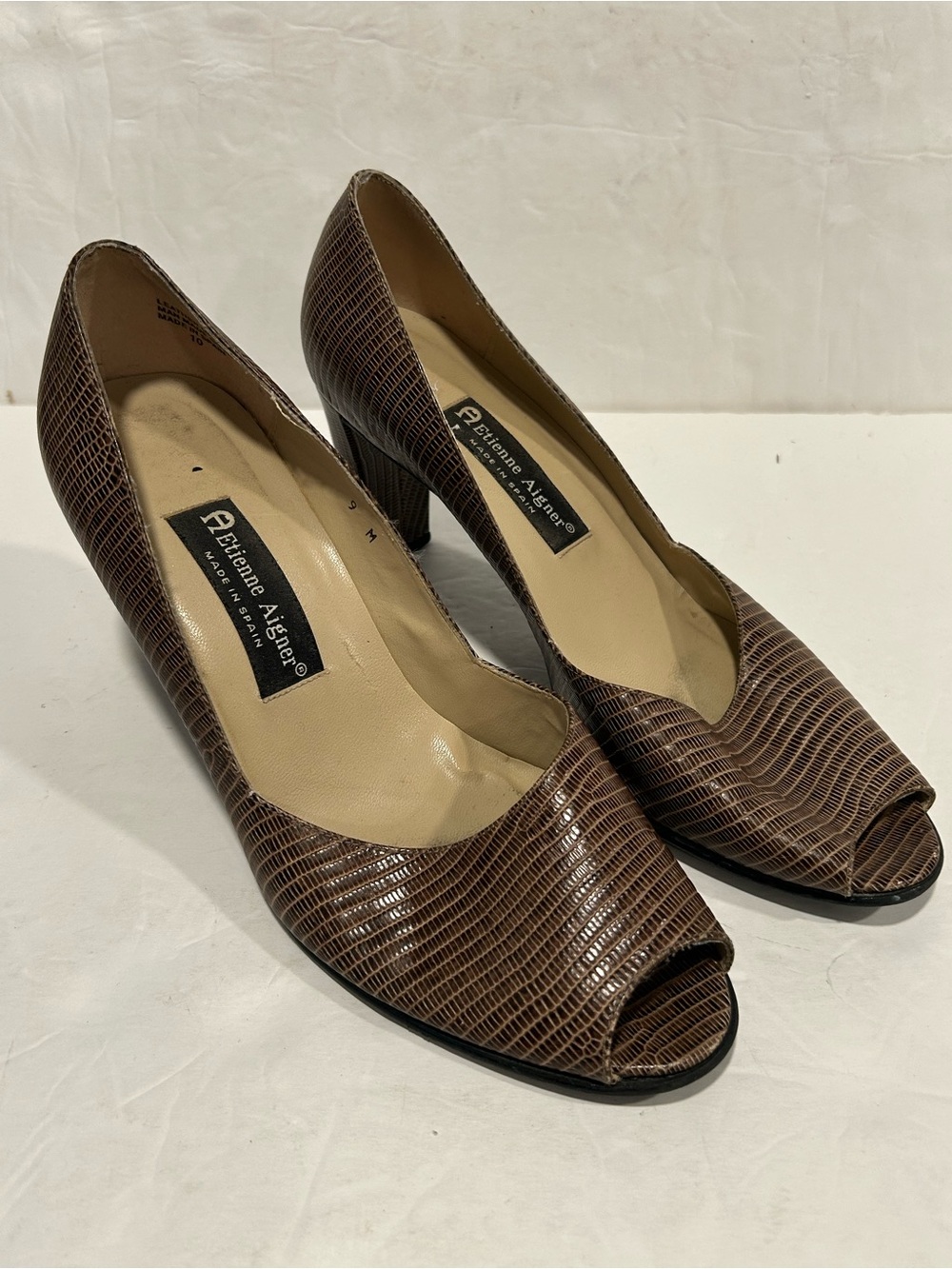 Etienne Aigner Peep Toe Pumps Brown Snake Embossed Leather Made in Spain 9M VTG